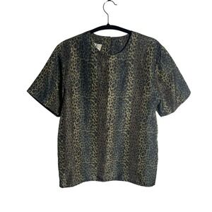SLB 100% Silk Leopard Print‎ Blouse Top Short Sleeve Size Medium Chic Luxury